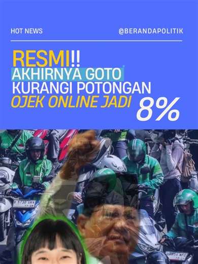 Kabar baik untuk para ojek online, Wadirt GOTO, Catherine Hindra Sutjahyo mengumumkan bahwa potongan driver yang tadinya 20% menjadi 8% seperti janji Prabowo saat pidatonya di acara May Day kemarin. Menurut kalian driver ojol pada happy gak nih? #ojol #gojek #grab #online #goto