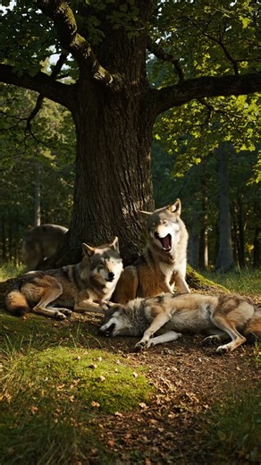 a wolf pack resting in the shade during the day #animalspecies #animallife #animalkingdom