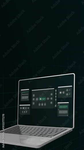 Perspective view of a laptop screen showcasing an AI agent process interface with integrated task management and automation icons.
