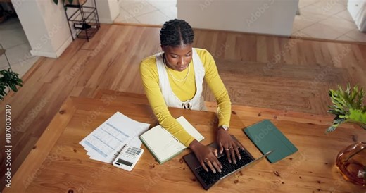 Above, finance and black woman with laptop in home for budget planning, taxes review and insurance. Typing, computer and person with documents for financial report, online banking and savings account