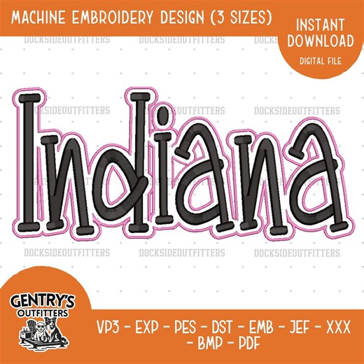 Indiana 3D Puff Embroidery Design, Lettering Stitch File, Bundle Sizes, Instant Download - Etsy