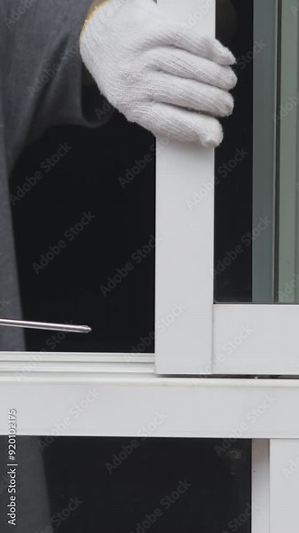 Handyman repairing the sliding window. Adjust a rail wheel and lock hook.