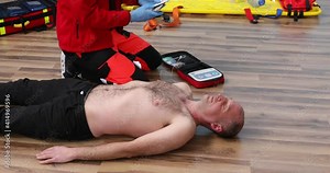 Reanimation of patient with defibrillator. Male paramedic in red scrubs teaching students correct procedure on using defibrillator machine. Application Defibrillator on CPR training