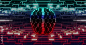 Animation of digital brain over network of connections and shapes