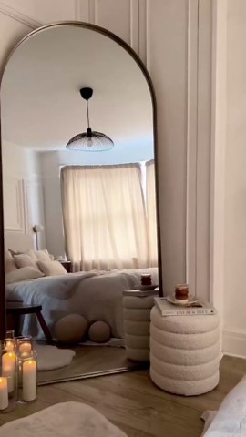 DMWOODFL 58"x18" Arched Full Length Mirror - Floor Standing or Wall Mounted with Stand, Aluminum Frame & Shatter-Proof Glass, Gold Freestanding Mirror for Bedroom, Living Room, Entryway Decor