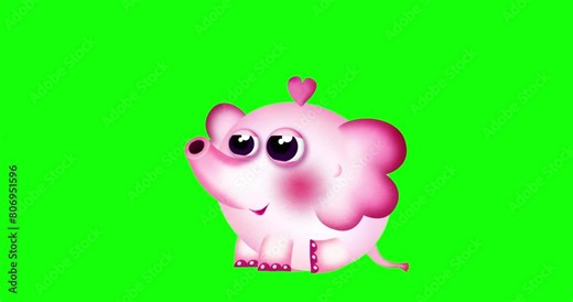 Baby elephant sitting wants to be a unicorn or a pony greenbox. Animated cute cartoon character. Sweet, pink and happy.