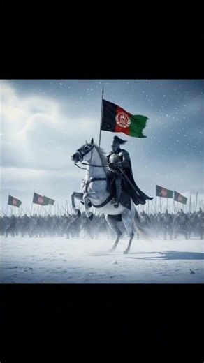 A cinematic medieval scene of a black-masked knight on a white horse in a snowy battlefield.