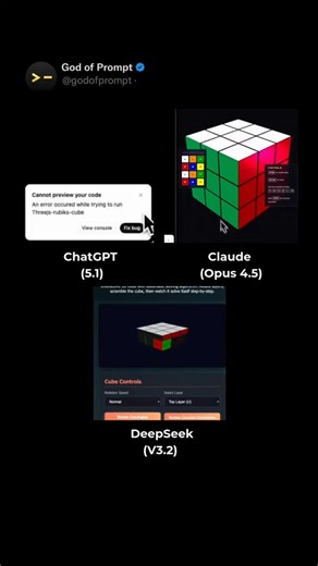 God Of Prompt on Instagram: "prompt I used: Create a single HTML file containing a fully functional 3D Rubik's Cube simulation using Three.js (via CDN). The cube must be able to automatically solve itself."