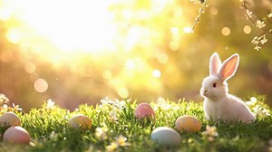 Download Rabbit among colorful Easter eggs in a sunlit garden during springtime. 4k for free