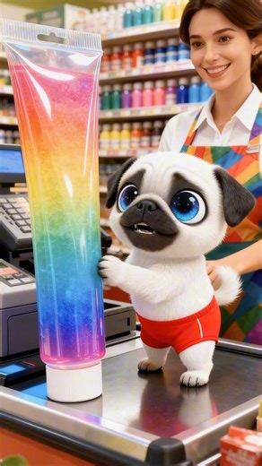 Aww! 🥰 This cute cartoon Pug Paints with Rainbow Toothpaste—Super Cute Art Session! Don’t Miss! 🎨🐶🤩
