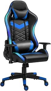 Gaming Chair with RGB LED Lights, Video Game Chair, Adjustable Reclining Office Swivel Chair, Ergonomic High Back Computer Chair (Blue, Modern)