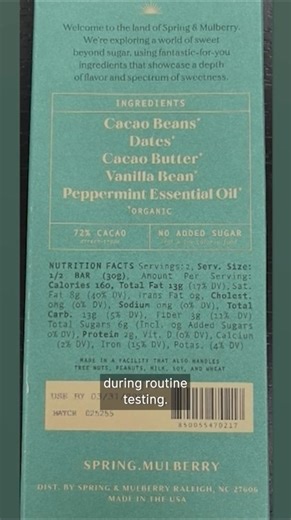Popular chocolate bars sold at a number of retailers nationwide has been recalled due to possible contamination with salmonella, according to the Food and Drug Administration. The voluntary recall, from Spring & Mulberry, was issued Monday, the FDA said, initially only impacting a certain lot of its Mint Leaf Date Sweetened Chocolate Bars in teal packaging. #chocolatebars #recall | NBC Chicago