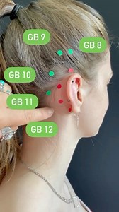 ➡️ These 9 acupuncture points have very similar functions! GB 8 - 1.5 cun directly above the ear apex. Great acupuncture point for migraine, vertigo and hangover! GB 9 - 0.5 cun posterior to GB 8. Calms the mind for phobia. GB 10 - at the junction of the upper & middle 1/3 of the curve connecting GB 9 & GB 12. Ear pain & tinnitus. GB 11 - at the junction of the lower & middle 1/3 of the curve connecting GB 9 & GB 12. Ear pain, temporal headache. GB 12 - posterior & inferior to the mastoid proces