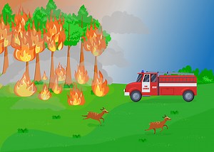 Cartoon fire service and forest fire illustration. Trees burning,...