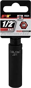 Performance Tool M934 3/8 Inch Drive 1/2 Inch 6 Point Deep Impact Socket Heavy Duty Chrome Vanadium Steel for Automotive Repair Maintenance Garage and Professional Workshop Use