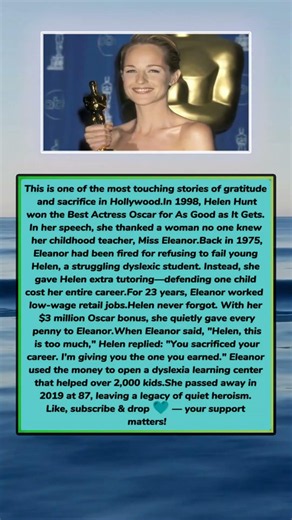 Helen Hunt's $3 Million Sacrifice And The Teacher Who Changed Her Life
