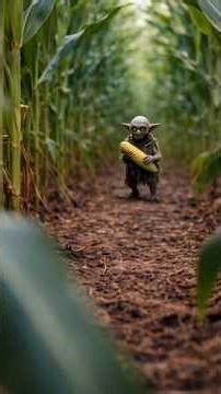Baby Yoda in Corn Field 🌽 | Cute Creature Eating Corn | Cinematic Village Scene