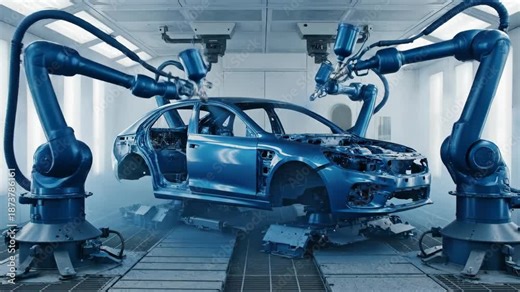 Robotic arms painting a white car body in an automated factory. Industrial manufacturing process with spray painting robots on an assembly line. Automotive industry automation concept
