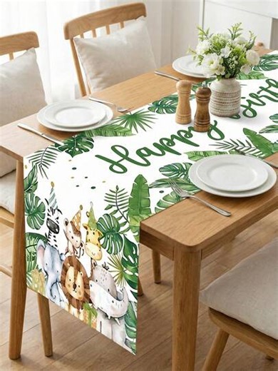 1pc Green Tropical Foliage & Jungle Animal (Lion/Elephant) Pattern Birthday Table Runner, Adorable Birthday Style Polyester Rectangular Tabletop Decor - With "Happy Birthday" Text, Plant Details, Jungle Animal Tabletop Decoration, Suitable For Birthday Party, Home Decor And Party Venue Arrangement, Creating A Festive Atmosphere | SHEIN