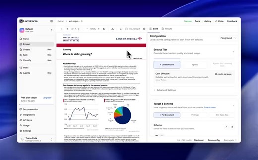 One of our company goals is to automate manual data entry from documents ✍️📑Our Extract feature in LlamaParse does exactly that, and today we are launching Extract v2 🚀 Define a schema in natural language, and our agentic extraction will fill out the schema from the document with both exact match citations and semantic inference.The v2 change includes:✅ Simplified tiers that vary from lower cost and higher accuracy✅ Pre-saved extract configurations so that you can load/share existing configs a