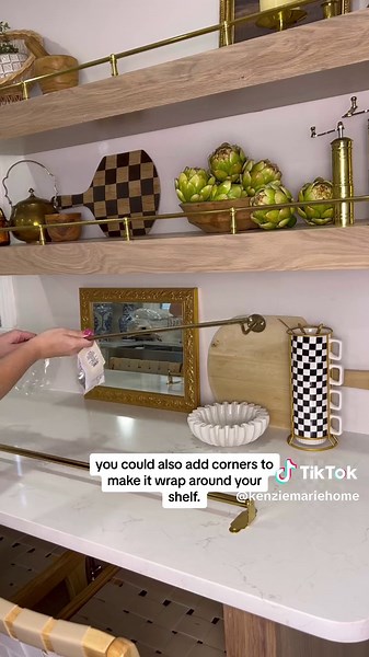 “SAVE” this video to reference back later! This DIY shelf and brass rails was super easy to do and a wayyy more affordable option. The pot rail from ikea is called “hultarp” and everything else is on my L-T-K! #diyproject #diyshelf #diyhomedecor #thrifteddecor #curatedhome