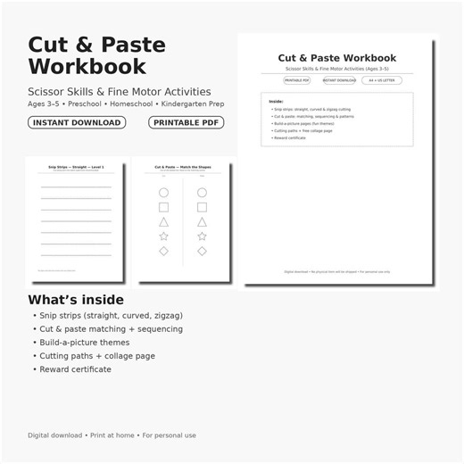 Cut & Paste Scissor Skills Workbook Printable PDF | Preschool Cutting Practice Ages 3-5 | Fine Motor | Homeschool | A4 + US Letter - Etsy Canada