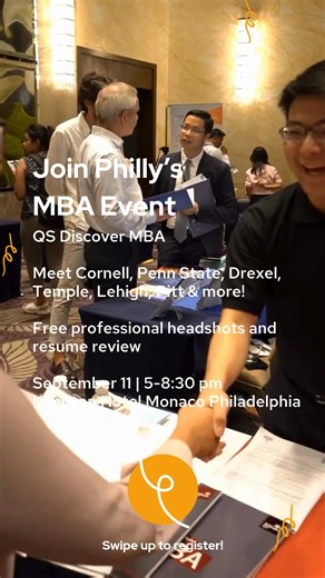 Ready to meet top MBA programs like Drexel, Temple, PSU, Cornell, Georgetown, Lehigh and more @ the Kimpton Hotel Monaco on Sept 11? Attend our free QS Discover MBA Fair in Philly and access exclusive QS ImpACT scholarships worth up to $50k! The time to earn your MBA is now. Register today for free! | QS Top MBA