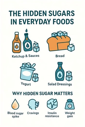 The Hidden Sugars in Everyday Foods Most people associate sugar with desserts, sodas, and candy — but many of the biggest contributors to daily sugar intake are foods we don’t think of as “sweet” at all. These hidden sugars add up quickly, causing blood sugar spikes, cravings, weight gain, and increased risk of insulin resistance. Here’s how everyday foods quietly raise your sugar intake without you realizing it. | Health Awareness