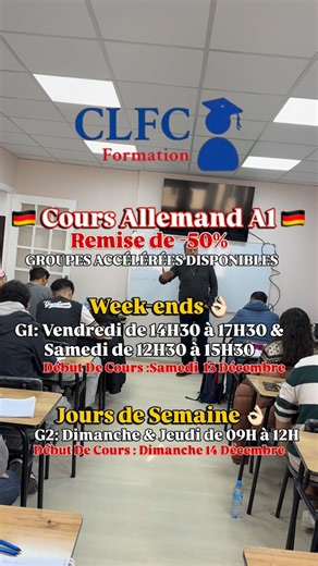 CLFC Formation | Centre de Langues & Formations on Instagram: "🇩🇪 CLFC Formation ouvre les inscriptions pour les nouveaux groupes d’Allemand A1 du mois de décembre ! À l’occasion de l’ouverture de notre 3ᵉ siège, situé au 29 rue Didouche Mourad – Alger Centre, juste à côté des arrêts de bus d’Odin, profitez d’une remise exceptionnelle de -50%, valable uniquement pendant 10 jours !⌛️ 🎯 Groupes accélérés disponibles – Places limitées 📍 Week-ends ✅G1 :Vendredi : 14h30 → 17h30 & Samedi : 12h30 →