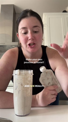 So quick and easy!! 1 1/4 cup oats 1 banana Splash of vanilla extract 1/2 cup water You can add more water depending on how thick or thin you want the consistency of the pouch to be! #babyfood #babyfoodrecipes #toddlersnacks #babyfoodideas #pouch