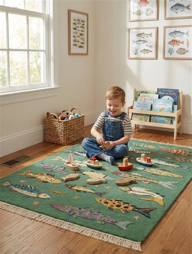 Green Fish Pattern Area Rug, Coastal Kids Playroom Decor - Etsy