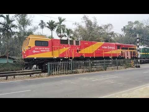 Powerful Double Engine Goods Train Slowly Hauling Heavy Freight