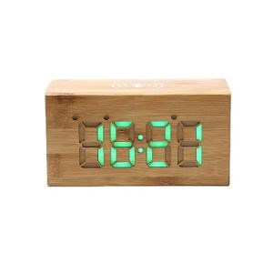 [Hot Item] Bamboo Digital Desktop Alarm LED Wooden Table Clock with Wireless Charger