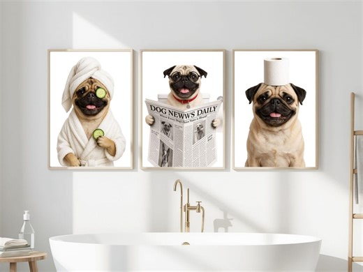 Set of 3 Funny Pug Bathroom Prints, Printable Wall Art, Bathroom Art, Bathroom Wall Decor, Pug in Toilet - Etsy