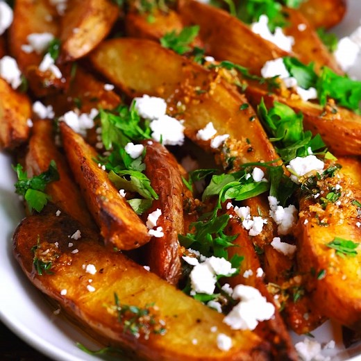 Crispy on the outside, tender on the inside oven fries. These Greek fries are baked in extra virgin olive oil and finished with flavors like garlic, oregano and feta. Add a side of homemade Tzatziki for dipping! https://www.themediterraneandish.com/greek-style-oven-fries/ | The Mediterranean Dish