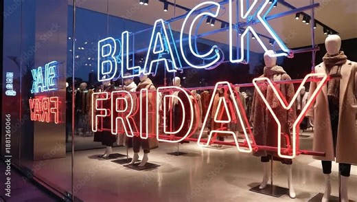 Mannequins in store window display with black friday neon sign advertising sale