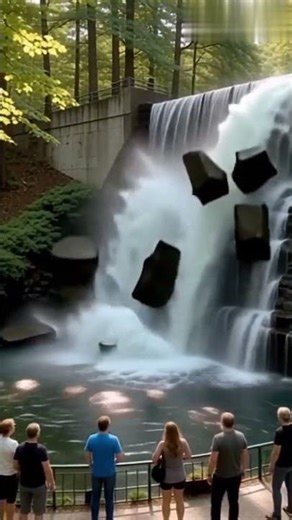 Artificial waterfall falls in forest park 🌲🪨