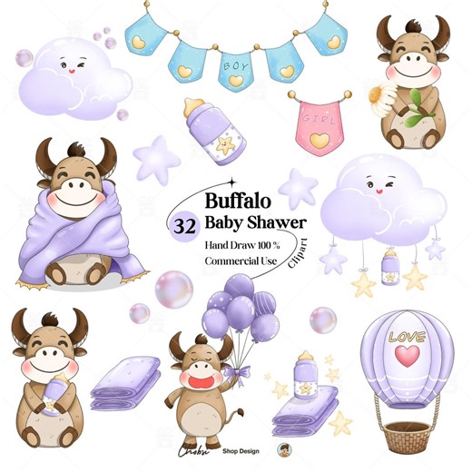 Cute Buffalo Baby Shower Clipart,baby Boy Girl Nursery Art,watercolor Farm Animal Graphics (digital Download) - Etsy