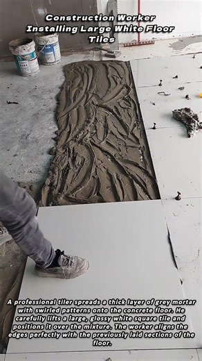 Construction Worker Installing Large White Floor Tiles