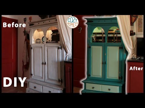 DIY Cupboard Makeover - How to repaint old buffet in turquoise with shabby effect