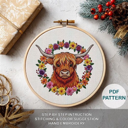 Highland Cow Hand Embroidery Pattern, Template for Beginner Step-by-step Instructions, Easy Pattern, PDF Stitch Guide - Etsy