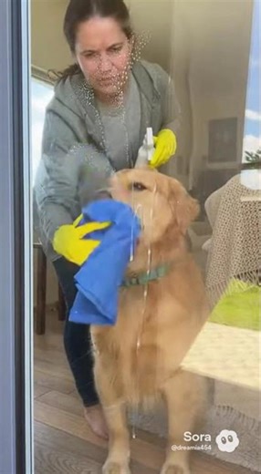 clean, he licks. It’s an endless battle. 🧼🐕😂 (Window Cleaning Fail)