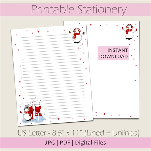 Printable Stationery: Letter Writing Paper With Snowman, Winter Letter Writing Set, Format US Letter, Digital Download - Etsy