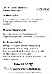 40K views · 35 reactions | Job Title: Receptionist Vacancy Reference: 25474 School: Curro DigiED Jewel City (High School) Location: Johannesburg, South Africa Employment Type: Permanent Starting Date: 01 September 2025 Application Deadline: 19 August 2025 | Job opportunities Available for 2025 | Facebook