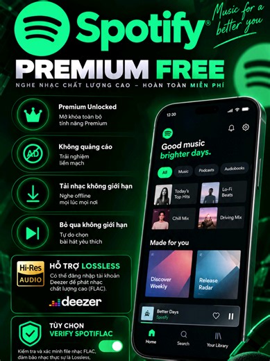 Spotify premium free bản mới nhất, hỗ trợ âm thanh lossless chất lượng cao, tùy chỉnh Spotiflac, không qc, tua nhạc và vô số tính năng khác. #viral #music #spotify #streaming #spotifywrapped
