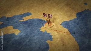 Pyongyang in Korean on simple retro paper map. 3D flight over grunge atlas chart with city marked by pushpin.