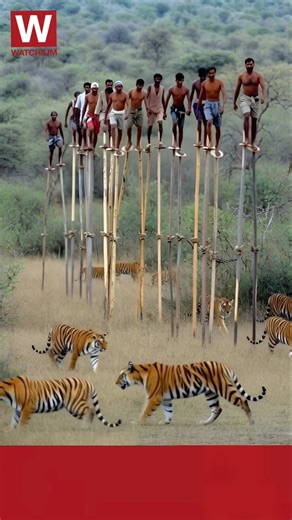 Crazy Trick! Men Walk on Stilts to Cross a Tiger Area Safely! 💥#stiltwalker #tiger