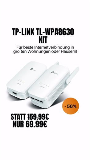 DealClub GmbH on Instagram: "Hey Dealclubber! Schlechtes WLAN im Obergeschoss, Keller oder Homeoffice? 😤 Das TP-Link TL-WPA8630 Kit V2 nutzt einfach deine Stromleitung als Datenkabel – ganz ohne Bohren oder neue Kabel! ⚡➡️📡 Dank AV1300 Powerline, WLAN AC1200 und MU-MIMO bekommst du stabile Verbindungen & starkes WLAN genau dort, wo dein Router schlappmacht 💪 Perfekt für Streaming 🎬, Gaming 🎮 und Homeoffice 💻! 💸 Preisvergleich: 🔴 UVP: 159,99 € 🟢 Dealpreis: 69,99 € 💥 Ersparnis: 90,00 € (