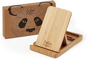 Folding Adjustable Cell Phone Stand - Made from eco Friendly Bamboo - Holder for Table, Desk and Bedside - Device Rest, snap Shut, Folds Flat