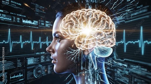 Futuristic profile of woman with illuminated brain activity and neural pathway network, profile showing neural waveform EEG data stream and network visualization combined with glowing neural brain